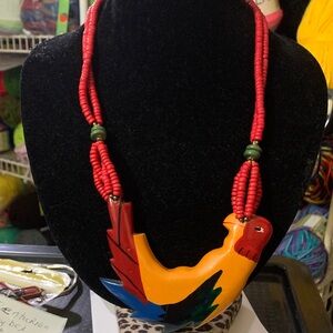 Colorful Rooster Pendant Necklace & Red Beads